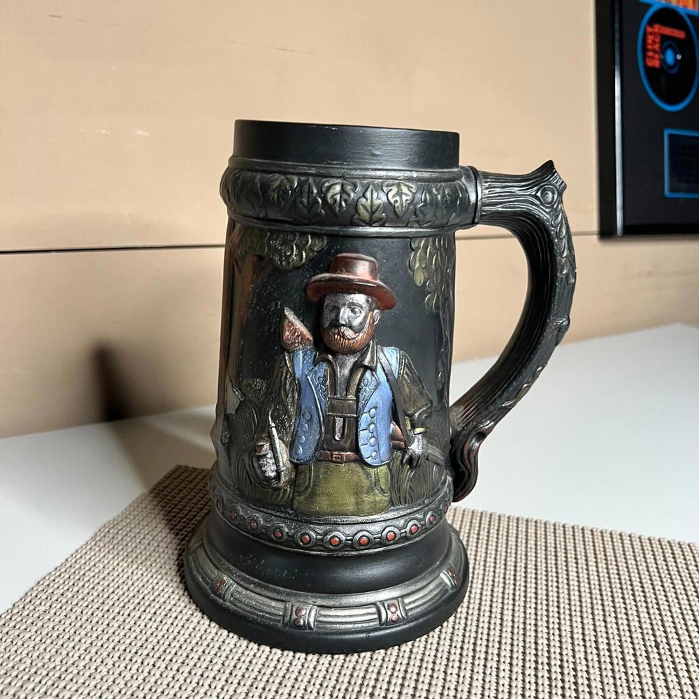 Vintage German Style Beer Stein‎ Hunter Figurine Relief Mug Pewter Look